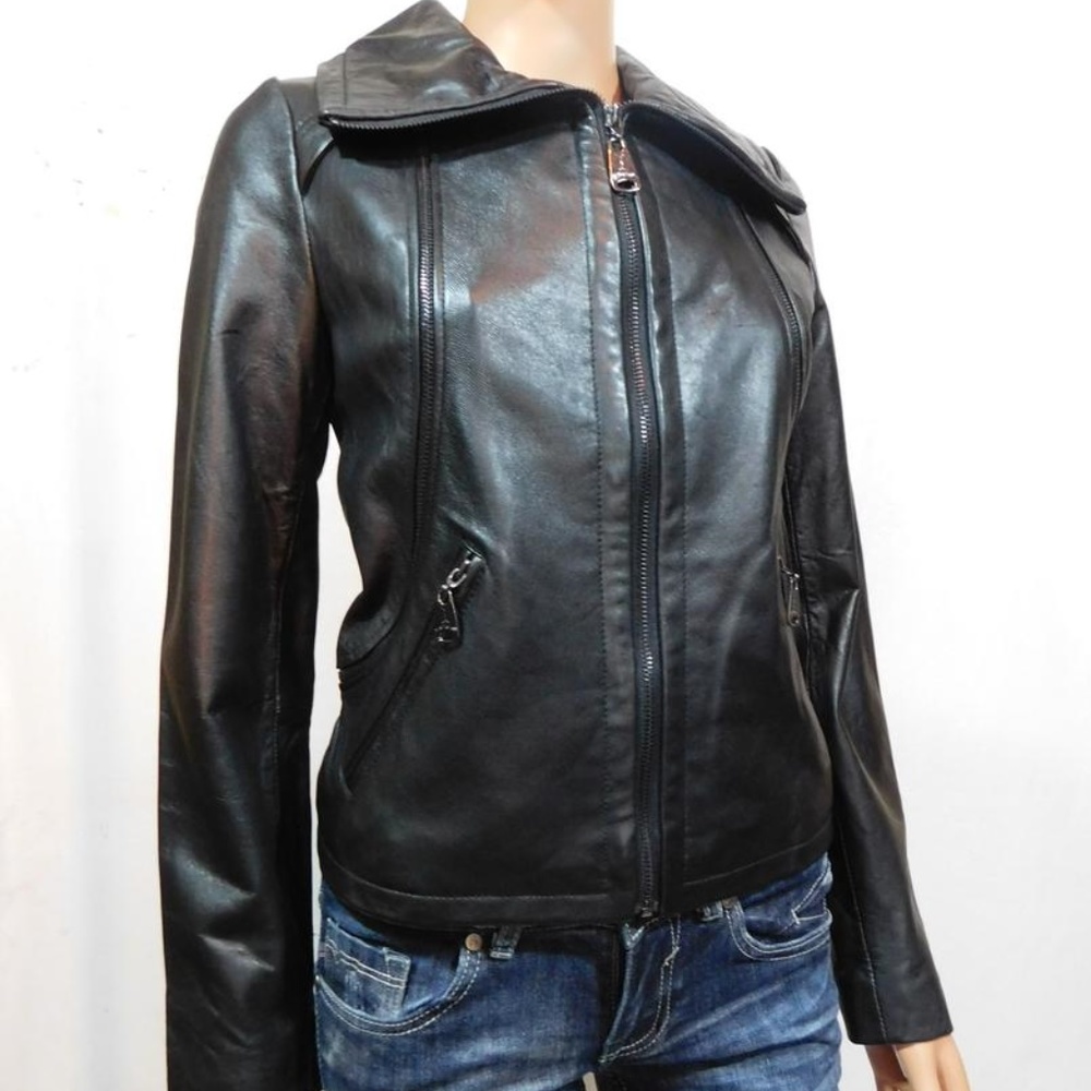 NEW Via Spiga Black Leather Oversized Collar Jacket  Final Price